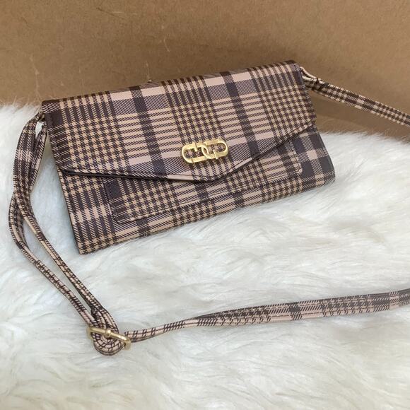 TIME and TRU Brown Plaid Faux Leather Crossbody Clutch Wallet-on-a-String NWT - Picture 7 of 13
